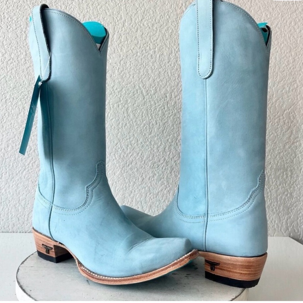 Light Blue Western Knee-High Leather Boots - Women's